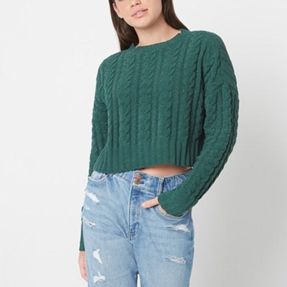 Arizona Sweater Juniors Large Green Mock Neck Cable Knit Pullover